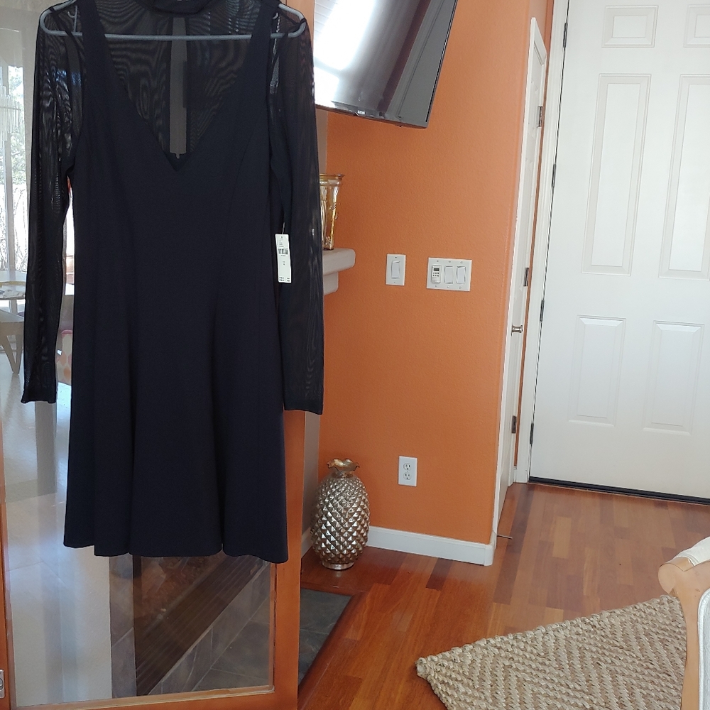 NWT Anthropologie Layered Sheer Mini Dress M Black Long Sleeve Fit & Flare - Picture 10 of 12